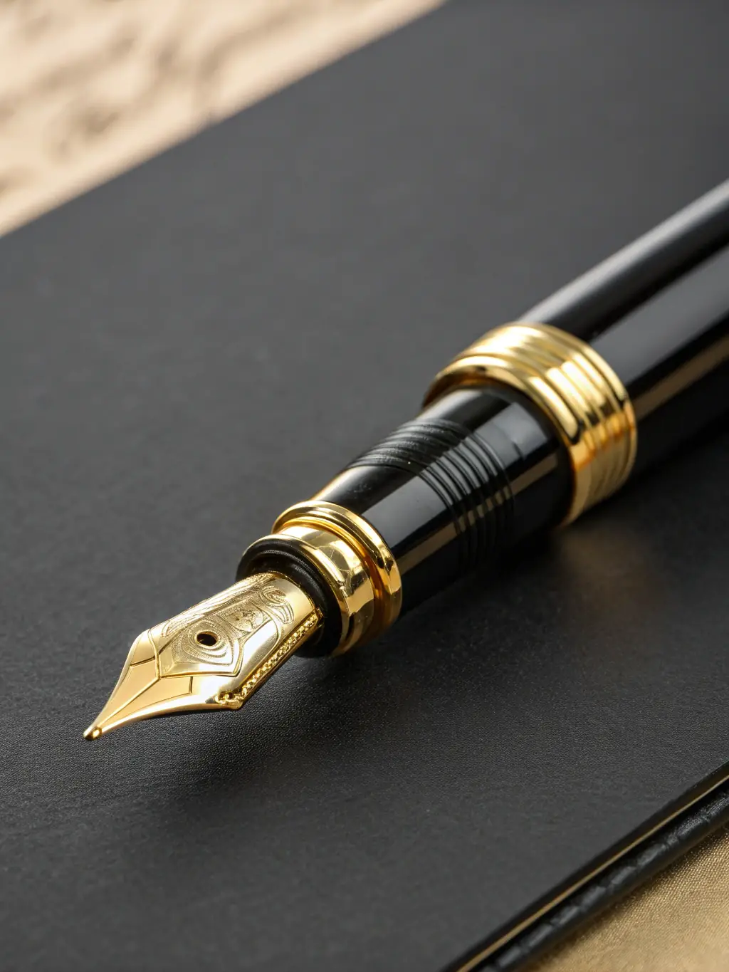 Close-up of a Luxury Fountain Pen resting on a stack of high-quality paper, with ink flowing smoothly from the nib, showcasing its elegant design and writing performance.